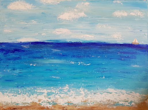 Serene seascape with vibrant blue water, gentle waves, and a distant sailboat under a clear sky.
