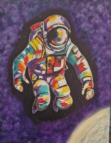 Colourful astronaut floating in space against a purple cosmic background.