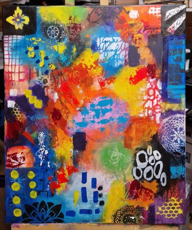 Abstract artwork featuring vibrant colours and various geometric patterns.