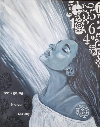 A woman in profile with a serene expression against a dark background featuring numbers and text.