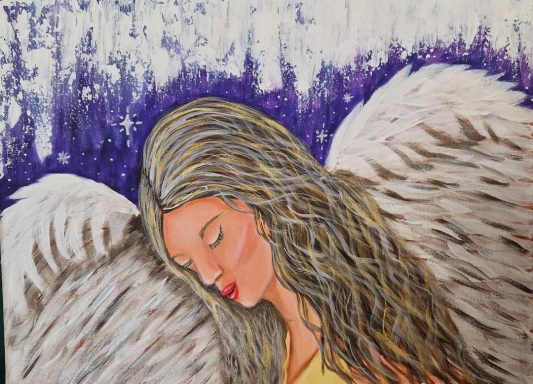 A serene angel with long, wavy hair and closed eyes, set against a purple background.