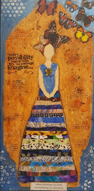 A woman in a blue top and patterned skirt, surrounded by butterflies and decorative elements.