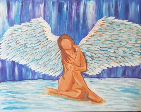 An  angel sits in a serene blue background, partially obscured.