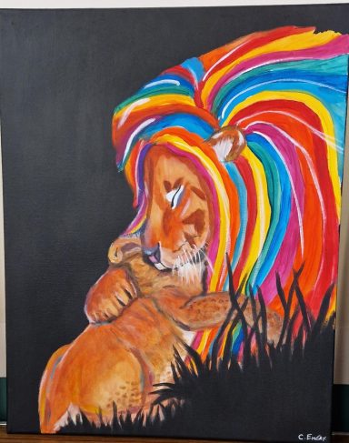 A vibrant lion with a rainbow mane cuddles a small cub against a dark background.