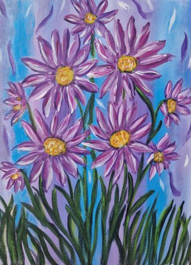 Purple daisies with yellow centres against a blue background.