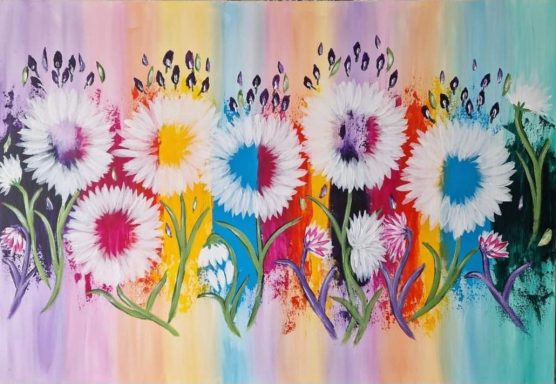 A vibrant painting of colourful daisies against a softly blended background.