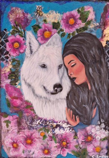A woman lovingly rests her head against a white wolf amidst vibrant flowers.