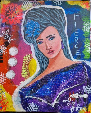 A woman with long blue hair and a confident expression, surrounded by vibrant patterns.