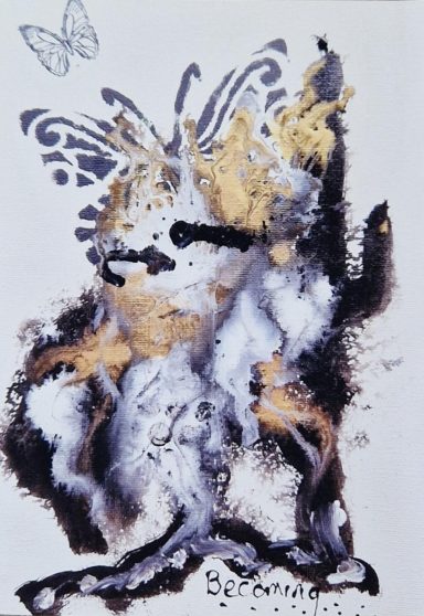 Abstract artwork featuring butterflies blending with dark and light textures.