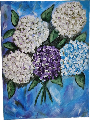 A bouquet of hydrangeas in white, purple, and blue against a blue background.