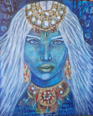 A mystical blue-skinned woman with long white hair and ornate jewellery, set against a deep blue background.