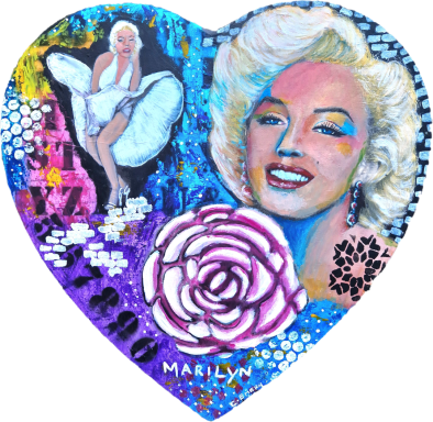 Heart-shaped collage featuring Marilyn Monroe, vibrant colours, and a purple rose.