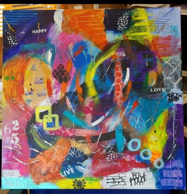 Abstract art featuring vibrant colours, dynamic shapes, and layered textures.