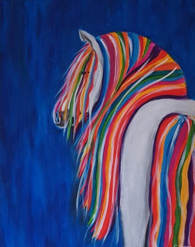 A horse side profile with a flowing mane of vibrant rainbow colours against a blue background.