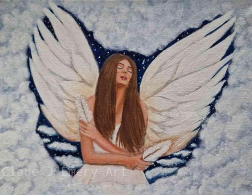 A serene figure with long hair and white wings, cradling a feather against a clouded backdrop.
