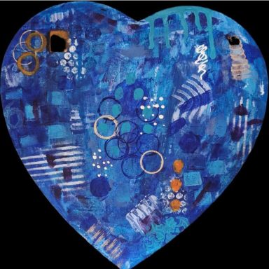 A blue heart with abstract patterns and textures in various shades of blue and orange.