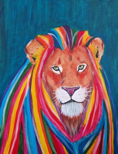 A lion with vibrant, multicoloured hair against a blue background.