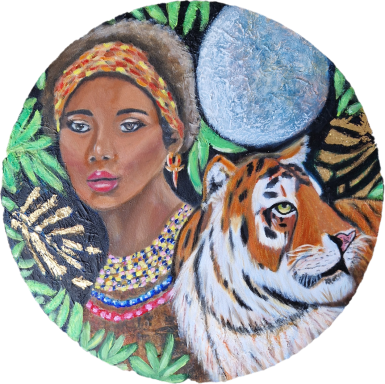 A woman adorned with jewels and a tiger against a leafy background and a moon.