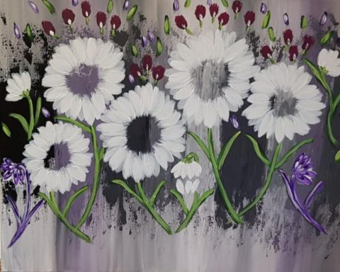 White flowers with dark centres surrounded by purple and maroon accents on a gradient background.