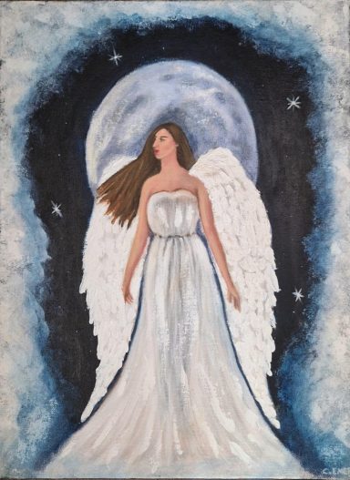 A serene angel in a flowing white gown with large, feathered wings against a night sky.