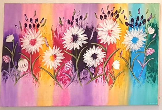 A delightful painting that adds a touch of colour and brightens your space on you wall. flowers with a abstract blended background.