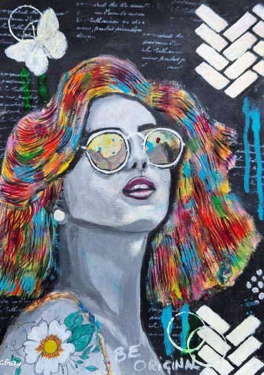 Colourful portrait of a woman with sunglasses, adorned with flowers and abstract patterns.