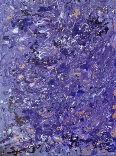 Abstract painting in shades of purple with swirling patterns and hints of gold.