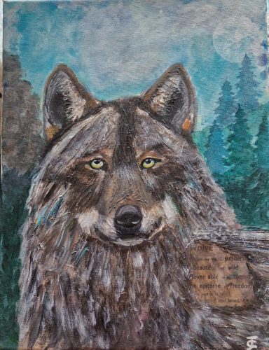 A realistic wolf portrait with piercing green eyes and a textured fur coat.