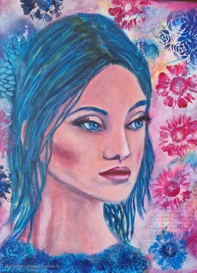 Portrait of a woman with blue hair, set against a vibrant floral background.