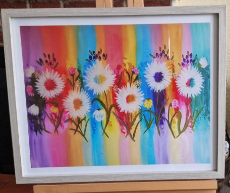 Colourful abstract painting of flowers against a striped background.