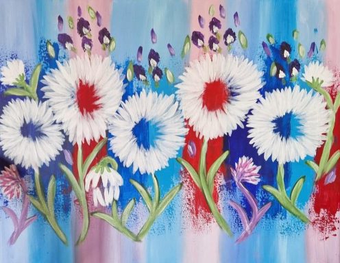 A delightful painting that adds a touch of colour and brightens your space on you wall. flowers with a abstract blended background.