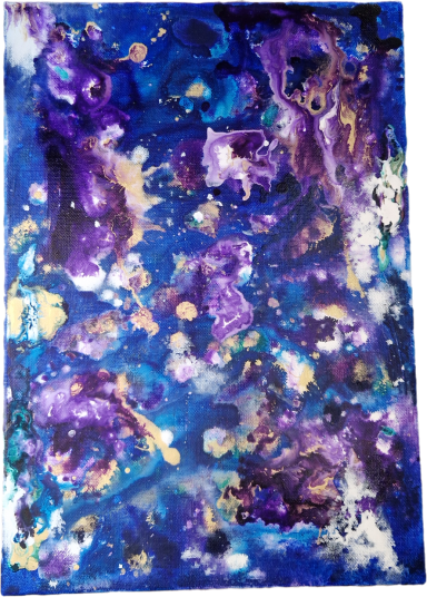 Abstract design featuring vivid blues, purples, and golds resembling a cosmic scene.
