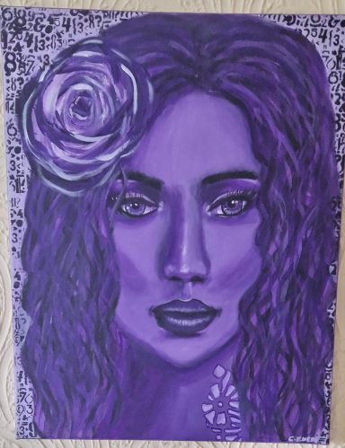 Portrait of a woman with wavy hair and a purple rose, set against a textured purple background.