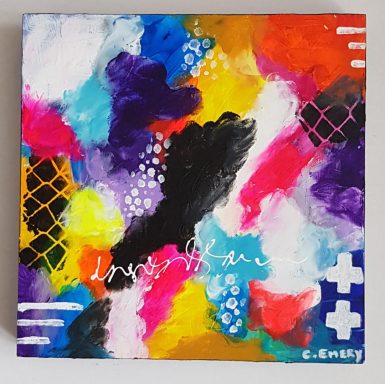 Colourful abstract painting with vibrant hues and mixed textures, featuring geometric patterns.