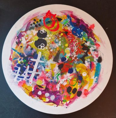 Colourful abstract painting with vibrant swirls and shapes on a circular canvas.