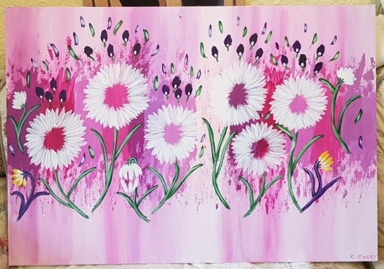 Bright pink backdrop with white daisies and green stems, accented by small colourful flowers.