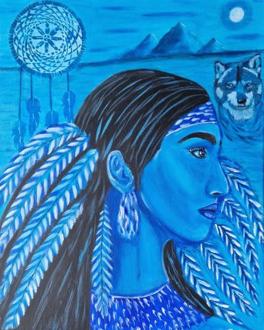 A blue-toned portrait of a woman with feathers and a dreamcatcher, featuring a wolf in the background.