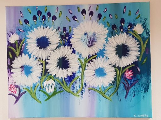 White flowers with blue and purple backgrounds, featuring vibrant green leaves.