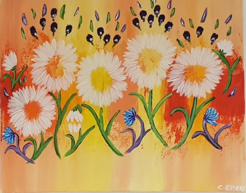 Brightly coloured flowers with white petals against an orange background.