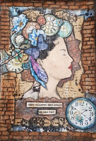 Profile of a woman with colourful flowers and clock motifs on a textured background.