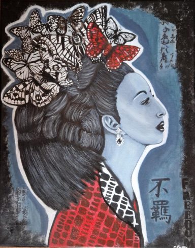 A profile of a woman with butterflies in her hair, featuring Asian-inspired motifs.