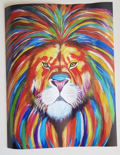 Colourful lion's head with a vibrant, multi-coloured mane.