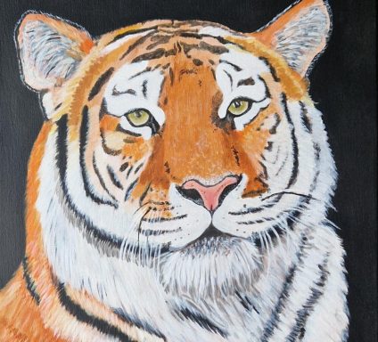 Portrait of a tiger showcasing its distinctive orange fur and striking facial features.