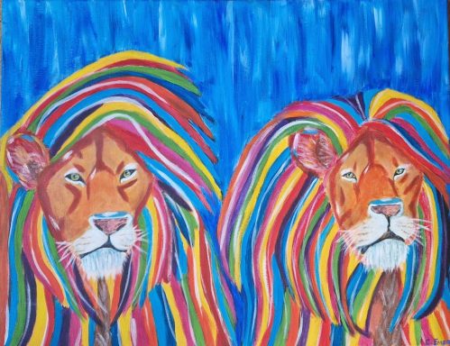 Two vibrant lions with multicoloured manes against a blue background.