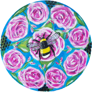 A bumblebee surrounded by pink roses on a blue background.